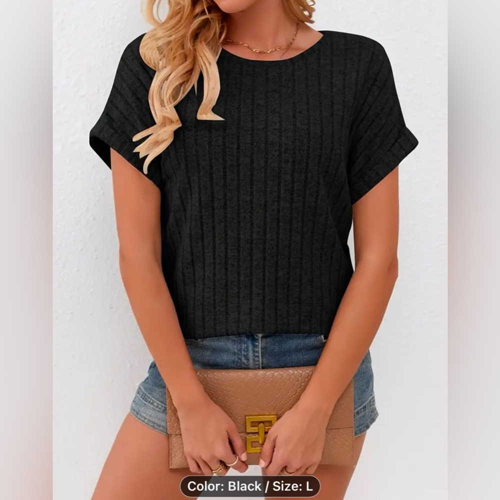 New Sweater, large, black, sweater top, short sleeves, ribbed